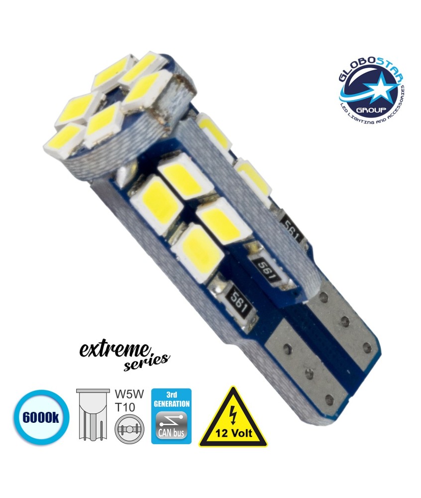 GloboStar® T10 W5W 81103 Λάμπα Αυτοκίνητου  3rd Generation Can-Bus Extreme Series LED 22 SMD 2835 4W 600lm 360° DC 12V IP20 Ψυχρό Λευκό 6000K